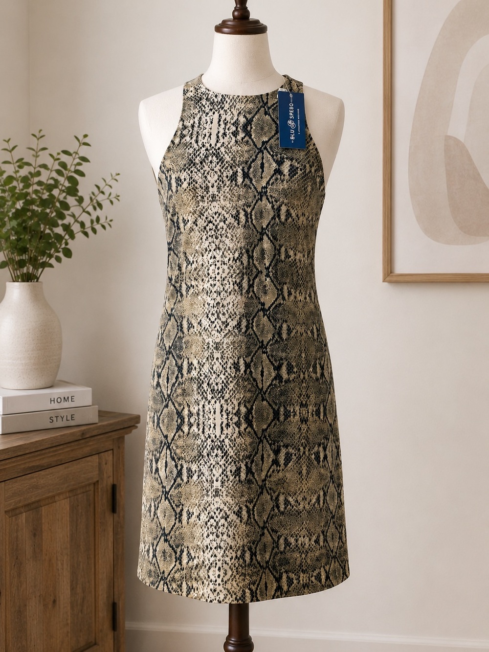 NWT Blu Spero Women's Snake Print Sleeveless Shift Dress Beige Black Size M